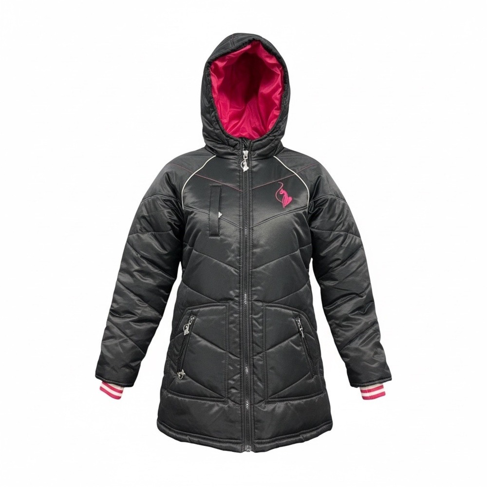 Baby Phat Vintage Girls Black Hooded Puffer Jacket Pink Lining Logo Size 6X